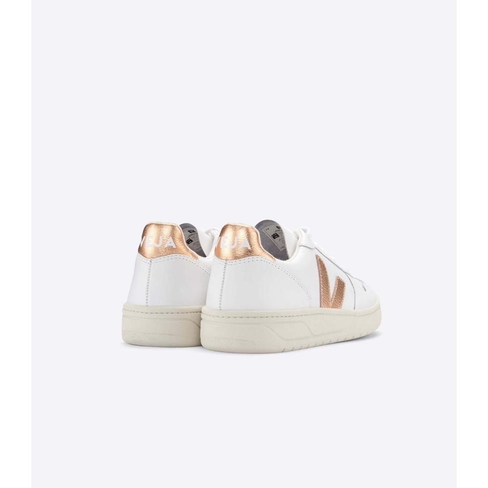 Veja V-10 LEATHER Tornacipő Női White/Gold | HU 641CTV